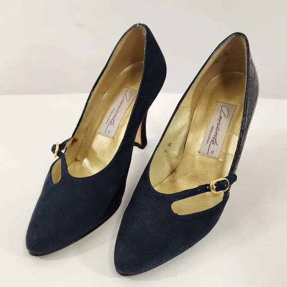 Amante Spain Dark Blue Suede Leather Heel Womens 7M Used With Shoe Bag - Picture 2 of 12
